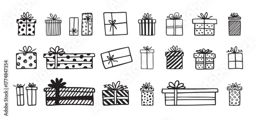 Hand drawn gift boxes doodle outline set. Present box