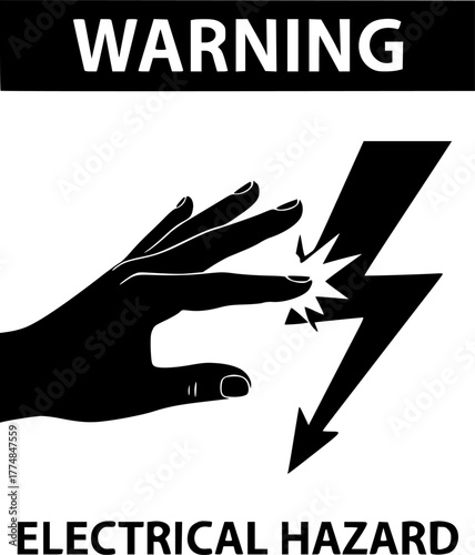 Electrical Safety Sign: A high-contrast graphic of a hand touching a lightning bolt. This stark illustration serves as a clear and immediate warning.
