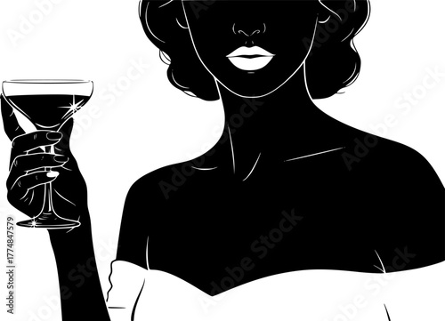 Transparent PNG available Elegant Silhouette with Cocktail: A timeless and stylish illustration showcases a poised woman, complete with delicate facial features and vintage charm.