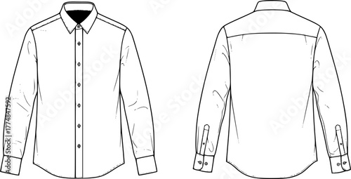 An outline drawing of a long-sleeve shirt featuring both front and back views. The design includes a button-up front and a classic collar, vector silhouette illustration isolated on white background
