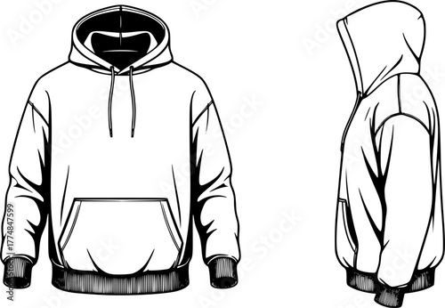 A casual hoodie depicted with a front and side view, featuring a drawstring hood and kangaroo pocket. The layout captures the relaxed fit a vector silhouette illustration isolated on white background 
