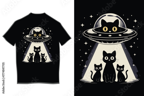 Whimsical illustration of black cats and a ufo abducting a cat family with a mysterious beam of light under a starry night sky, perfect for cool apparel.