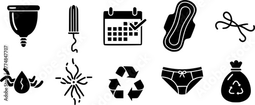 Menstrual cycle linear icon set. featuring cup, tampon, pad, calendar, cramps, underwear, recycling, and bag vector silhouette illustration isolated on white background 
