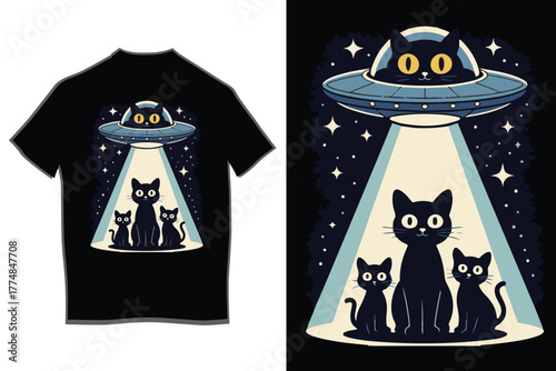 Cute black cat alien piloting ufo beams down on family of felines under starry night sky, humorous sci-fi pet illustration artwork for unique apparel design.