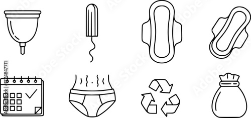 Menstrual cycle linear icon set. featuring cup, tampon, pad, calendar, cramps, underwear, recycling, and bag vector silhouette illustration isolated on white background 

