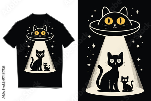 Whimsical illustration of black cats and a ufo abducting a cat family with a mysterious beam of light under a starry night sky, perfect for cool apparel.