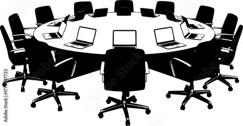 Conference round table laptop chairs meeting room silhouette vector illustration
