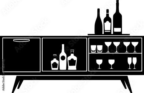 Retro mid century modern bar cabinet silhouette with bottles isolated on white background
