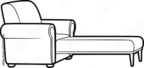 A simple black and white line drawing of a comfortable armchair with a chaise lounge extension isolated on white background silhouette
