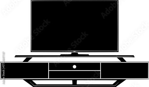 Modern flat screen television mounted above a sleek entertainment stand silhouette isolated on white background
