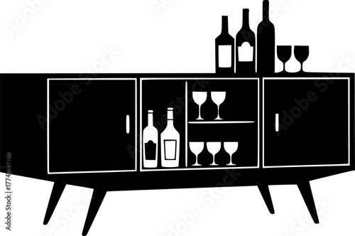 Retro mid century modern bar cabinet silhouette with bottles isolated on white background

