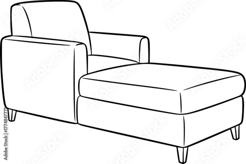 A simple black and white line drawing of a comfortable armchair with a chaise lounge extension isolated on white background silhouette
