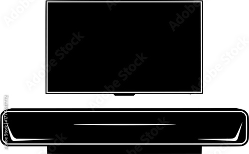 Modern flat screen television mounted above a sleek entertainment stand silhouette isolated on white background
