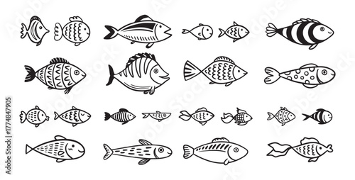 Doodle fish icon set. hand drawn Fish sketch collection. Underwater world sea life ocean