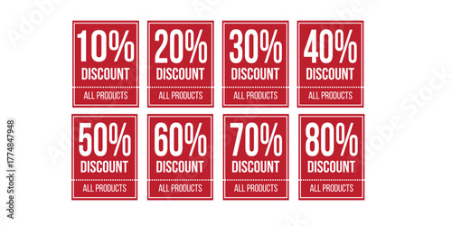 Collection of red discount signs offering various percentages off all products, perfect for advertising sales and promotions