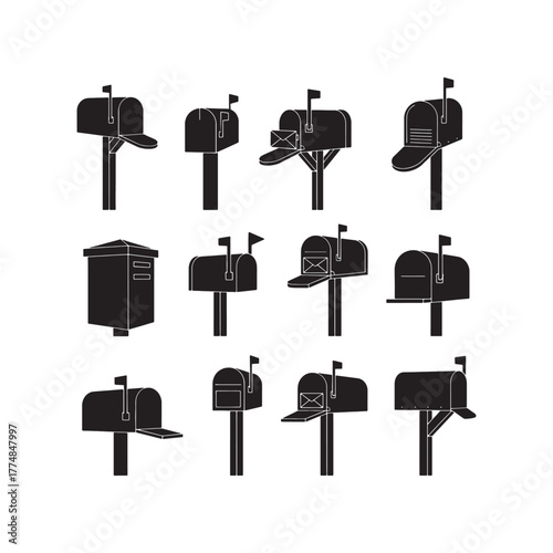 Mailbox Variety Silhouette Collection Representing Communication Correspondence and Delivery