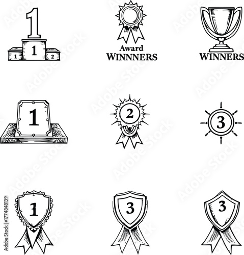 Black and White Award Icon Grid Featuring Podiums, Medals, Trophies, Shields, and Ranking Symbols Minimalist Recognition and Achievement Graphics