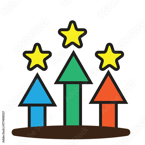Three colorful arrows pointing upward with stars above