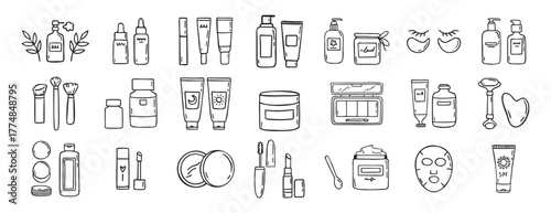 make up beauty doodle hand drawn icon set. Outline drawing cosmetics line clipart symbol