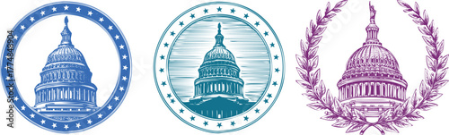 Three Stylized Illustrations of the US Capitol Building with Stars and Laurel Wreaths US Capitol