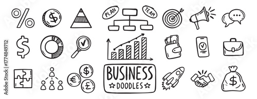 business doodle hand drawn icon set. Outline drawing business line clipart symbol collection