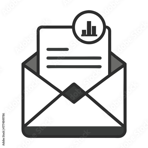 Open envelope reveals report showing bar graph icon for business data analysis