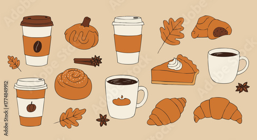 Warm flat illustration of coffee cups, croissants, and autumn leaves — ideal for seasonal ads, cafes, and cozy lifestyle visuals.
