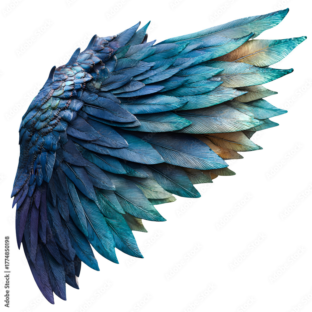 Obraz premium Detailed textured fantasy bird wing with iridescent blue and green feathers isolated on transparent background