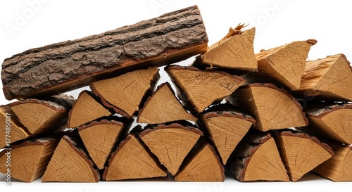 Rustic stack of natural firewood logs showing intricate bark texture and detailed wood grain isolated on a clean white background ,studio shot ,energy ,lumber