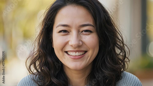 Woman expressing joyful laughter in urban outdoor setting with natural light