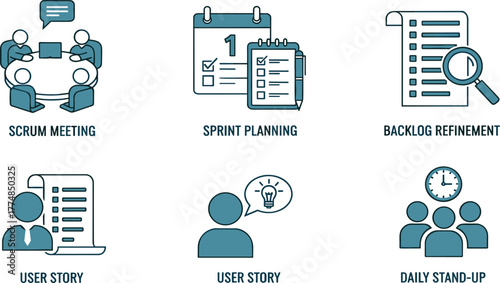Agile Scrum Methodology Vector Icon Set: Sprint Planning, Backlog, Daily Stand-Up, and User Story Icons