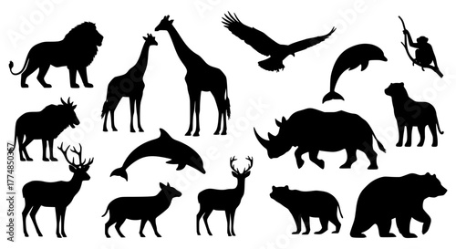 Silhouette of various animals including lion, giraffe, eagle, dolphin, rhinoceros, deer, bear, and monkey.