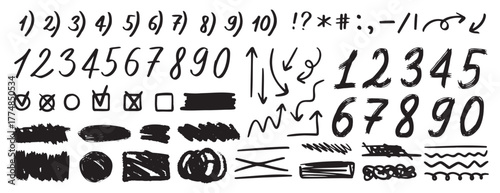 Grunge scribble freehand shapes and stripes numbers, emphasis hand drawn doodle squiggles marker arrows. Chalk painted scrawl frames doodle rouge scratches. 