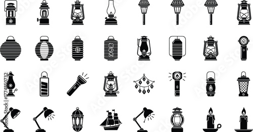 Global Lighting Silhouette Icon Set: Traditional Lanterns, Solar Torches, Camping Lights, and Desk Lamp Vector