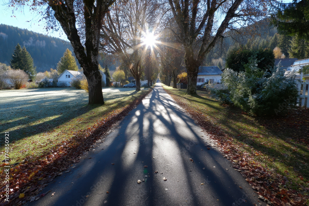 Fototapeta premium Sunlight filtering through trees along a quiet rural road in autumn