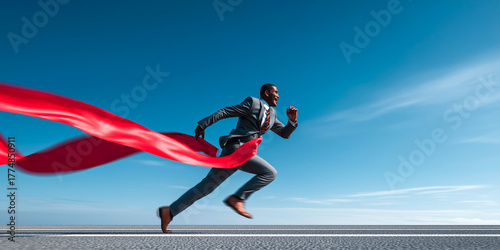 businessman in a suit runs through a red ribbon at full speed under a clear blue sky, symbolizing success, ambition, and achieving goals
