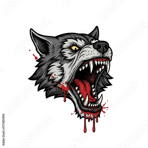 An angry wolf head with bared teeth and dripping blood, depicted in a stylized vector illustration.