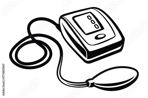 Monochrome sphygmomanometer appears ready for use, showing detailed line work against white backdrop