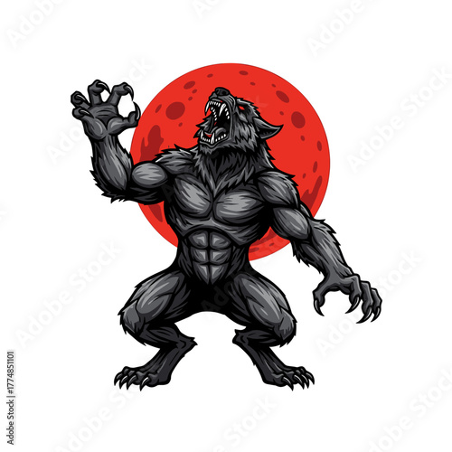 A menacing werewolf with sharp claws and red eyes howling against a blood-red moon backdrop.