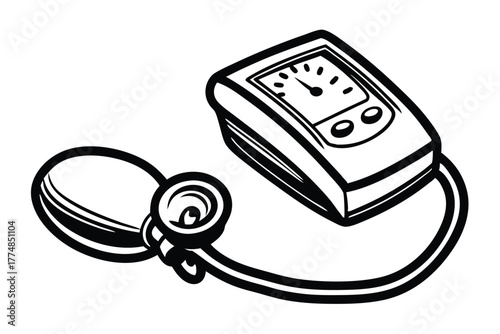 Stylized blood pressure monitor with bulb and gauge features a bold black and white scheme