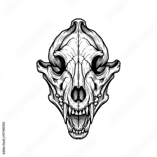 Detailed black and white illustration of a ferocious animal skull, showing teeth.