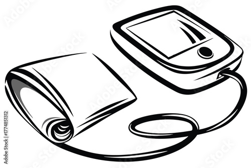 Stylized shows black and white blood pressure monitor with inflated cuff for accurate readings