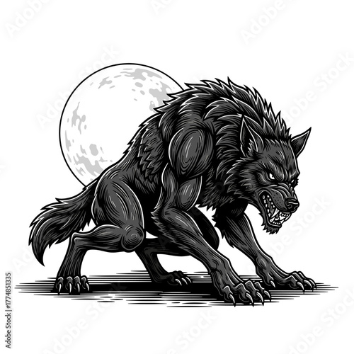 A menacing werewolf crouches, baring fangs, under a full moon.