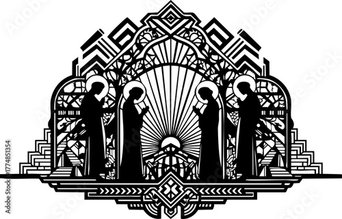 Enchanting art deco silhouette of four figures in prayer beneath a radiant sunburst, evoking spirituality and timeless elegance for sacred designs.