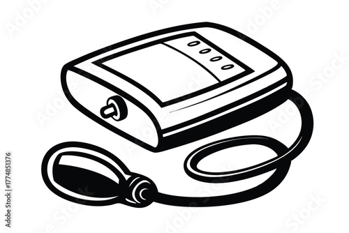 Monochrome features a portable sphygmomanometer with a bulb and gauge displaying four circular indicators
