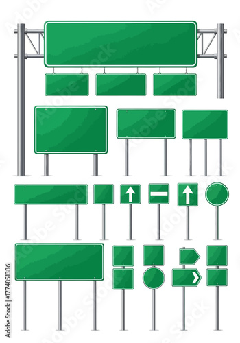 A comprehensive collection of blank green road and highway signs.