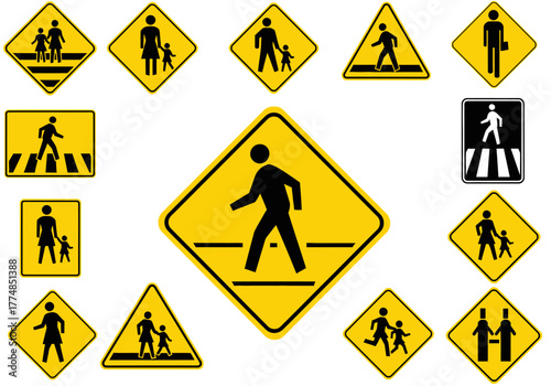 A diverse collection of pedestrian crossing traffic signs.
