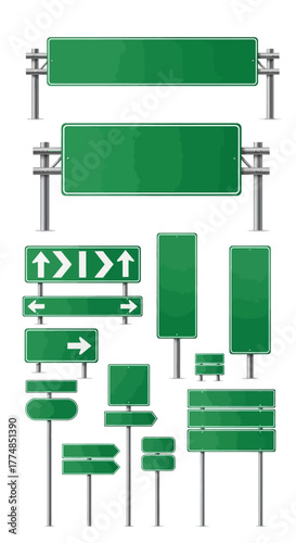 A comprehensive collection of blank green road signs for highways and streets.