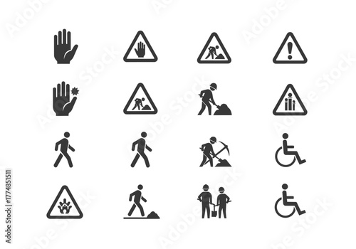 Collection of Safety and Warning Icons for Various Hazards and Accessibility.