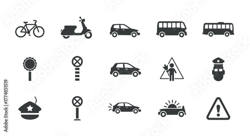 Collection of transportation and traffic related icons and symbols.